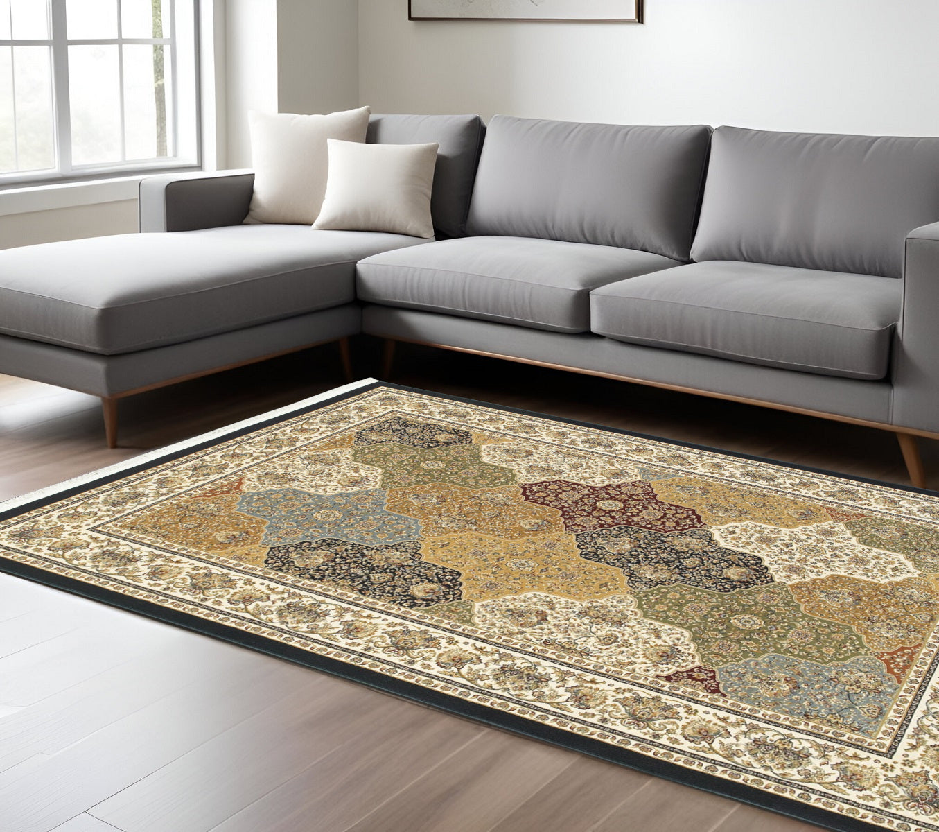 10' X 13' Navy Blue Tan And Black Oriental Area Rug With Fringe