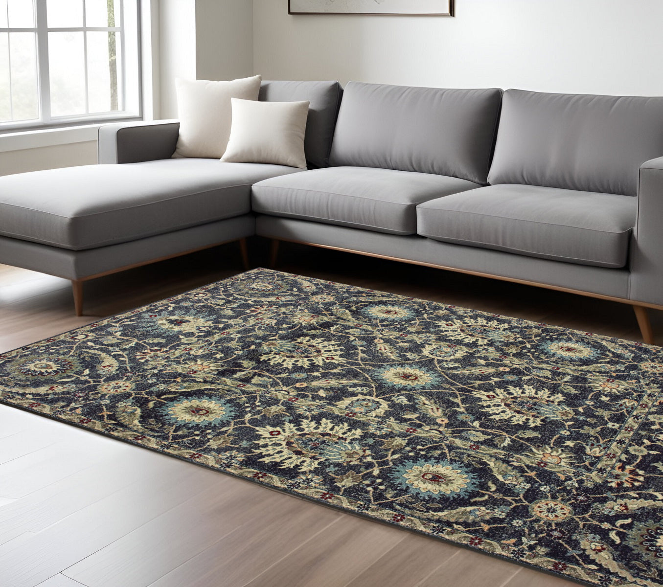10' X 13' Navy Blue And Ivory Oriental Area Rug