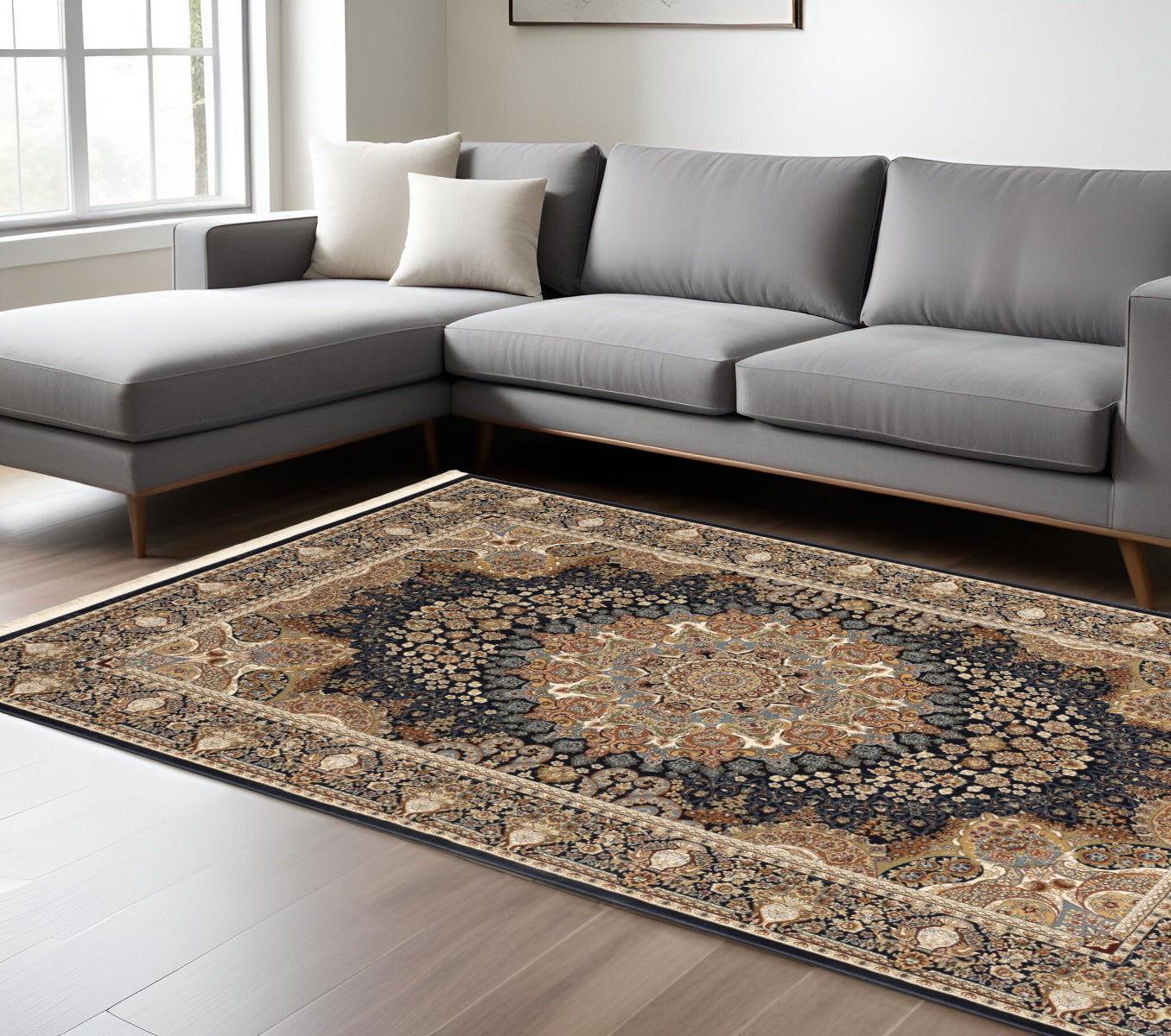 10' X 13' Navy Blue Tan And Ivory Medallion Area Rug With Fringe