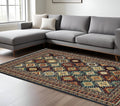 8' X 11' Navy Blue Red And Orange Oriental Area Rug With Fringe
