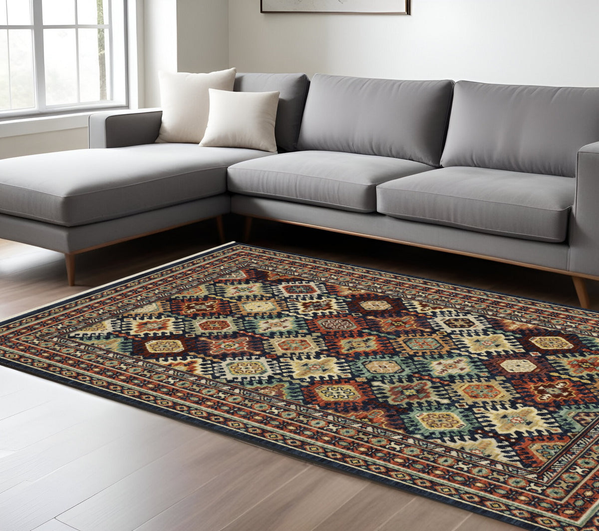 8' X 11' Navy Blue Red And Orange Oriental Area Rug With Fringe