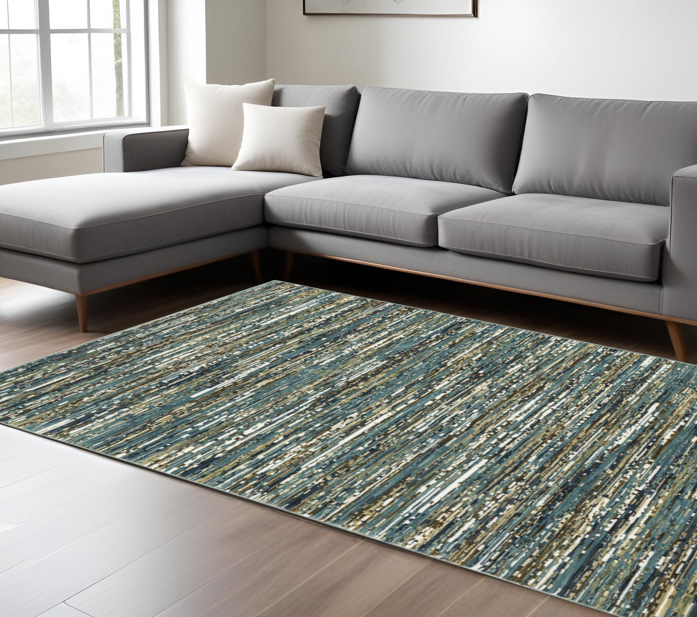 10' X 13' Blue Brown And Ivory Striped Area Rug
