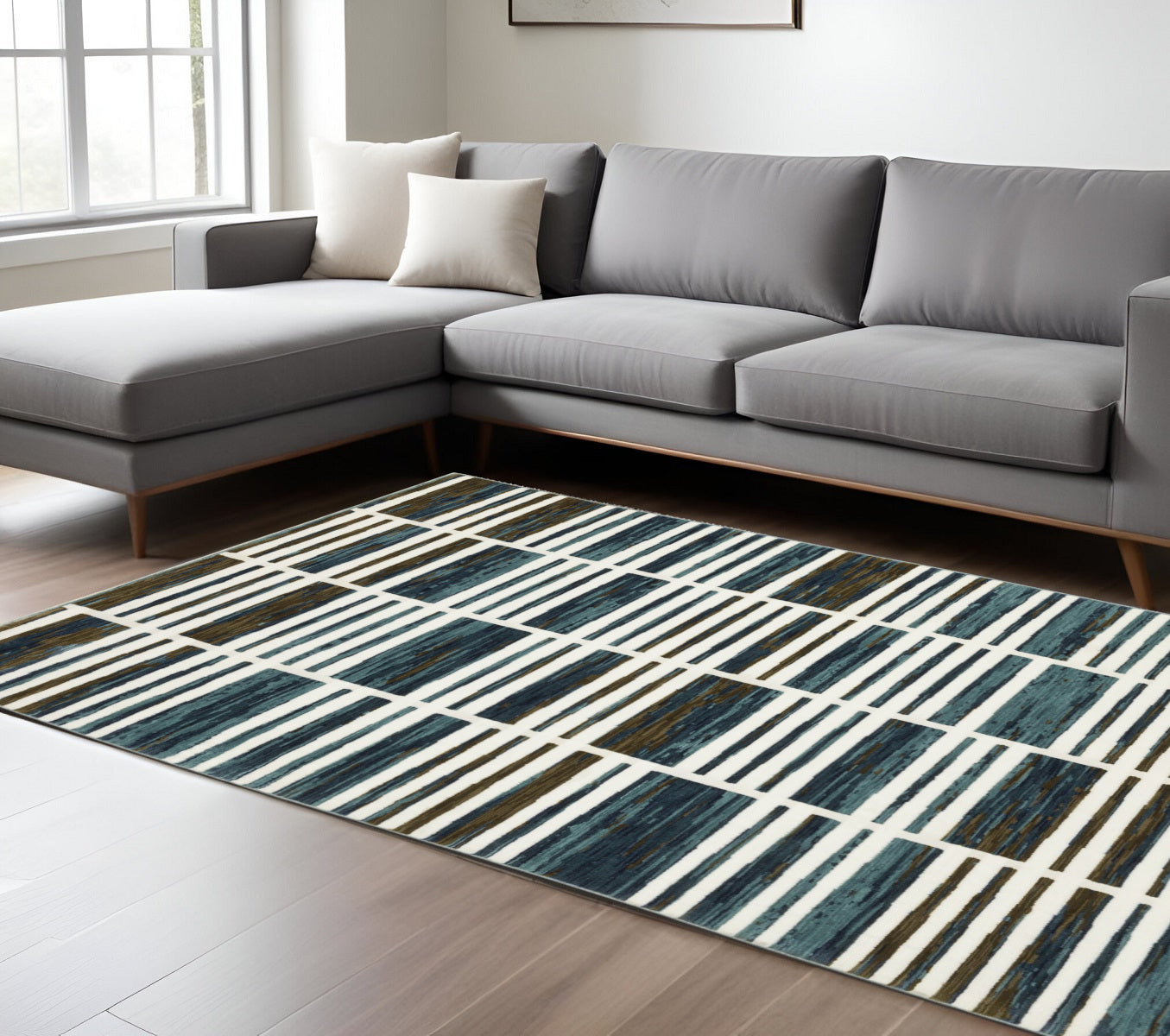 10' X 13' Ivory And Blue Geometric Area Rug