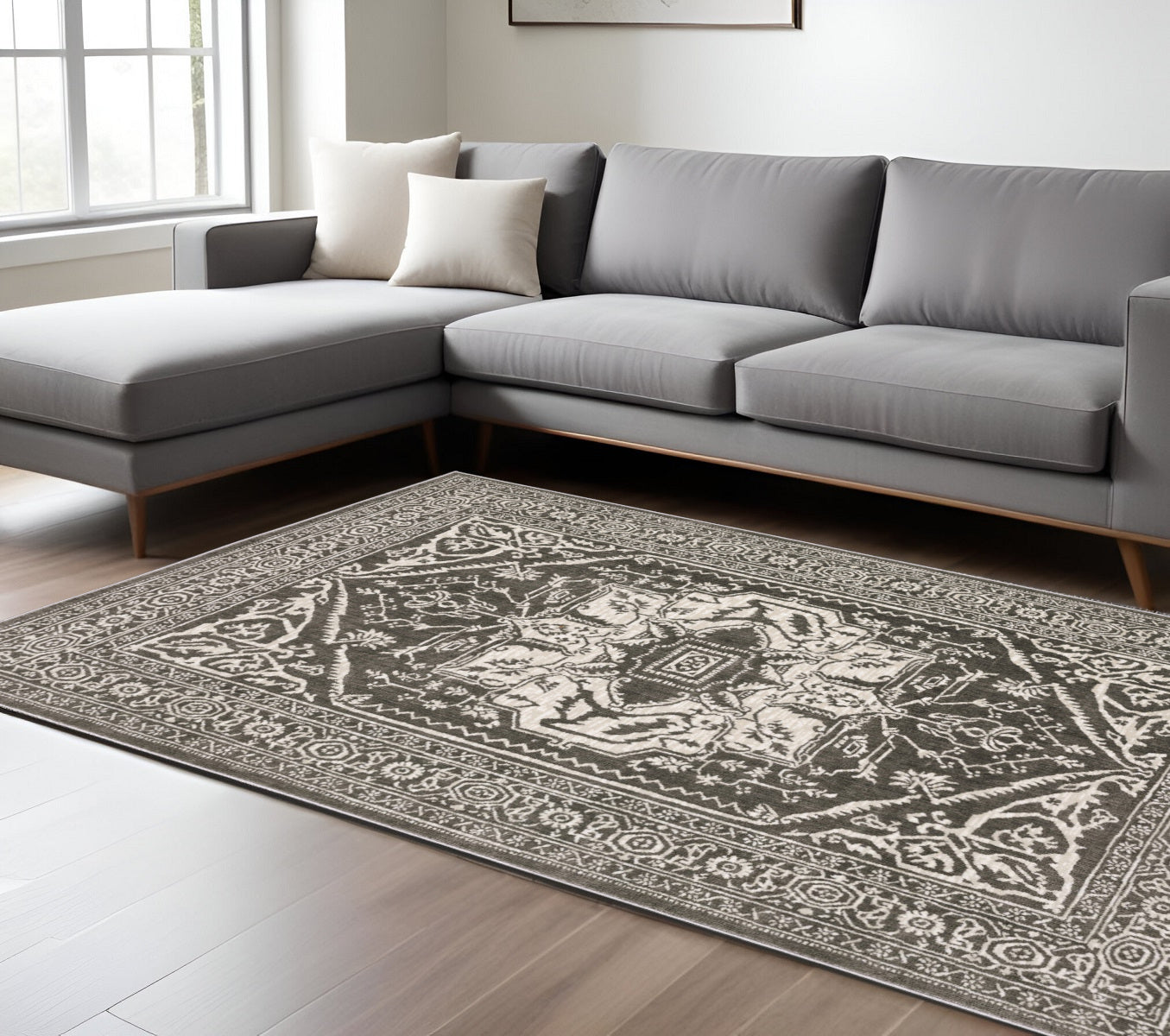 10' X 13' Gray And Ivory Oriental Area Rug