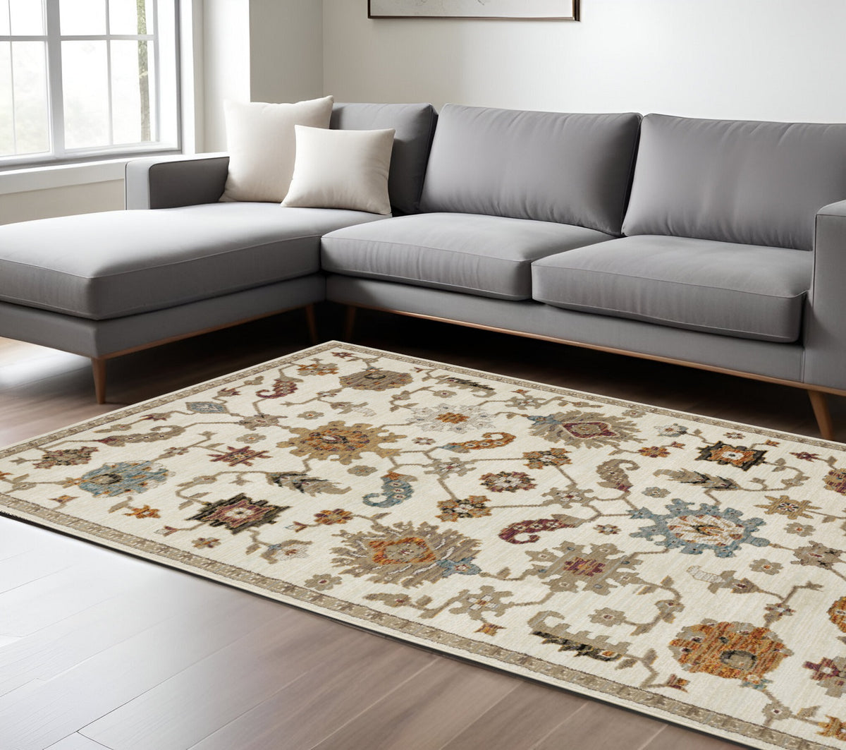 8' X 11' Ivory Black And Red Oriental Area Rug