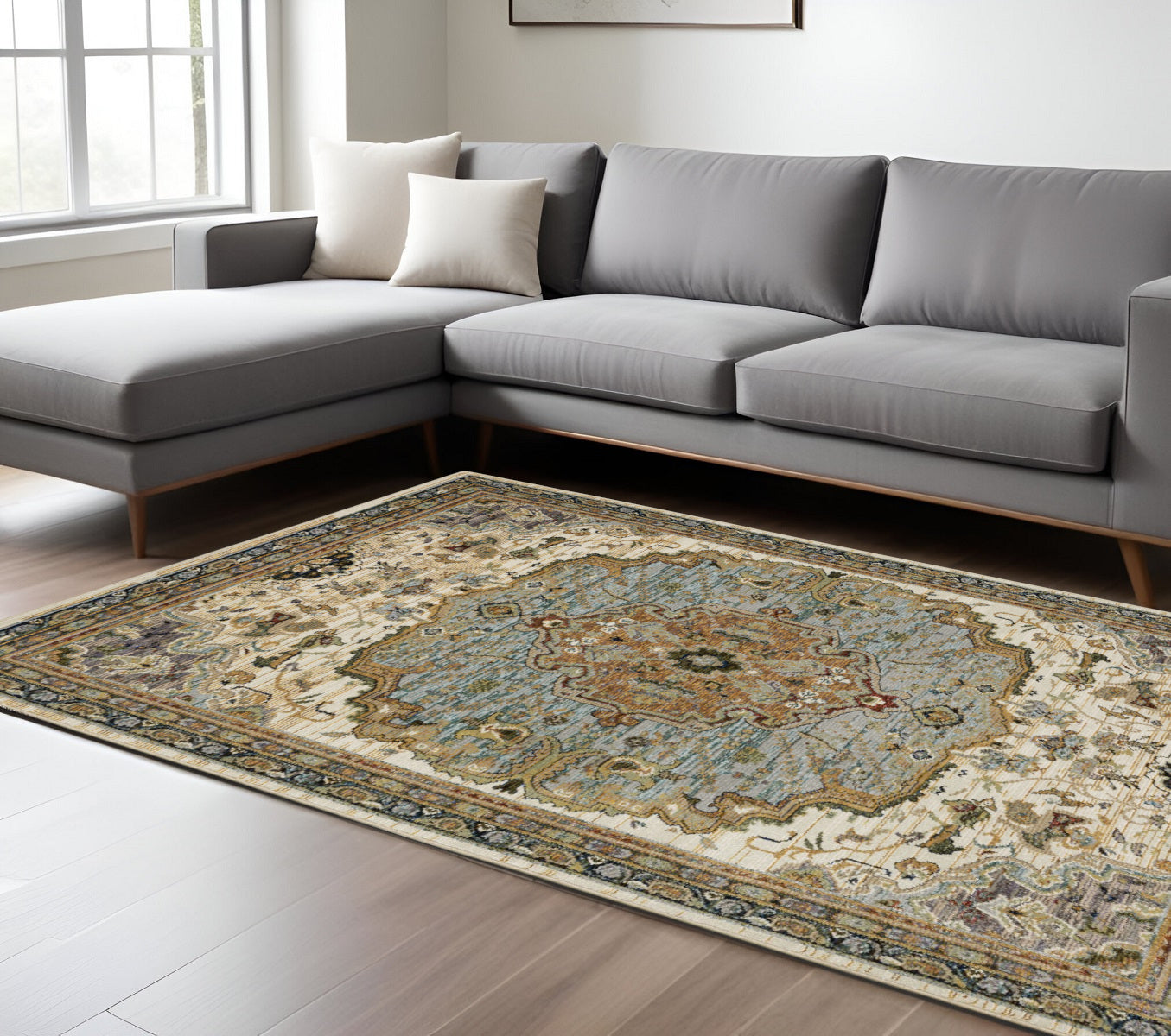 9' X 12' Ivory And Blue Oriental Area Rug