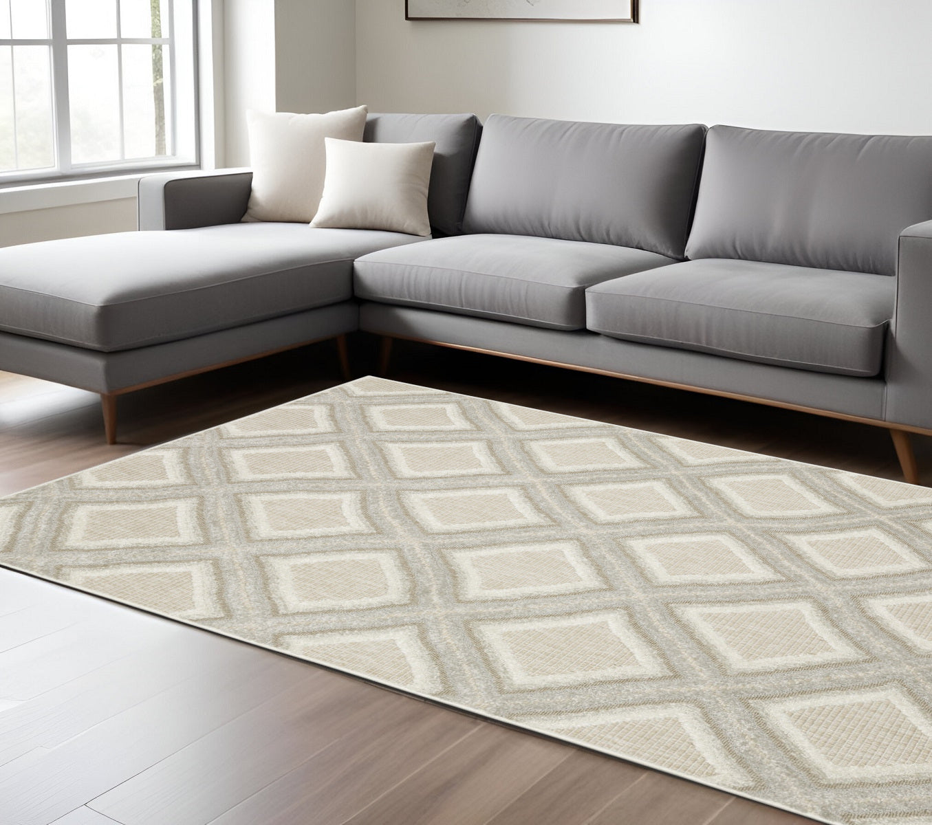 10' X 13' Gray And Beige Diamond Area Rug