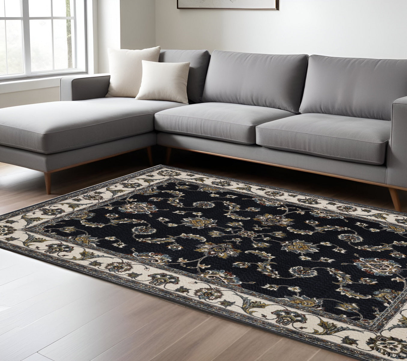 10' X 13' Navy Blue And Ivory Oriental Area Rug With Fringe