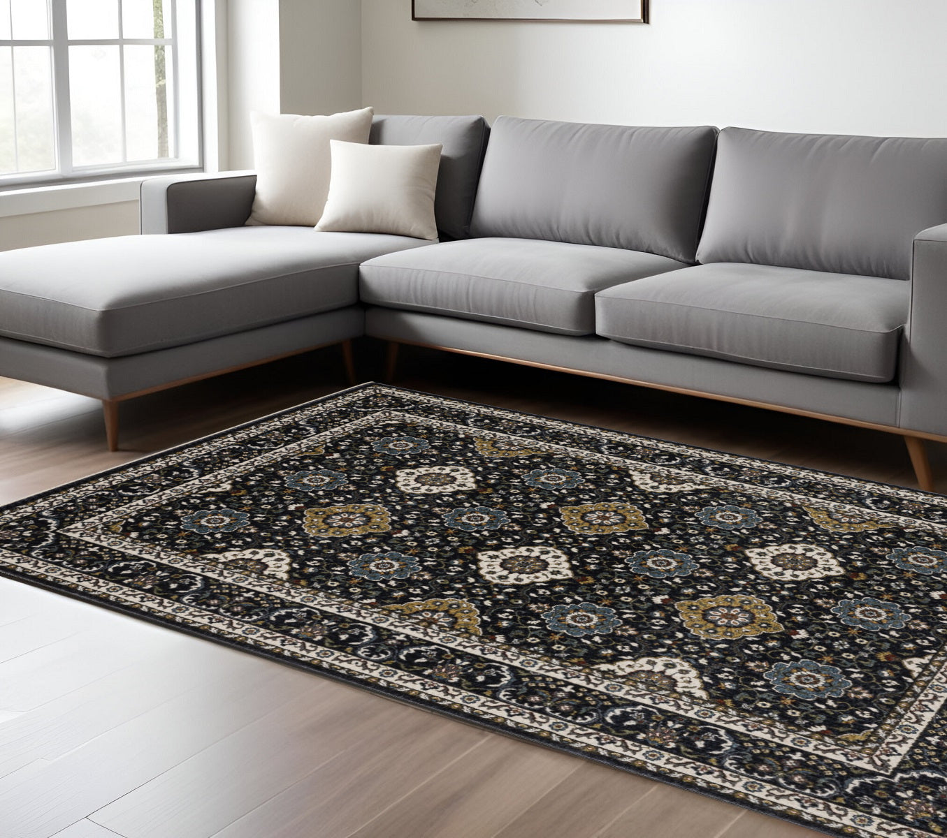 10' X 13' Navy Blue And Gold Medallion Area Rug With Fringe