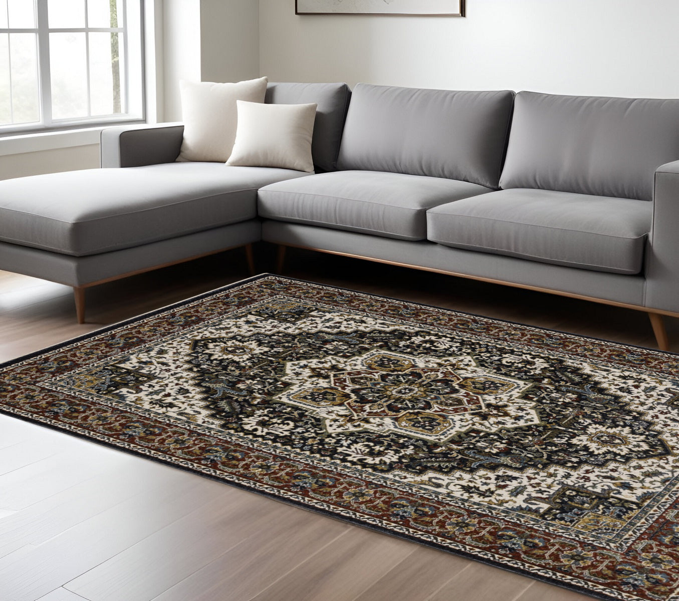 10' X 13' Navy Blue Black And Ivory Medallion Area Rug With Fringe