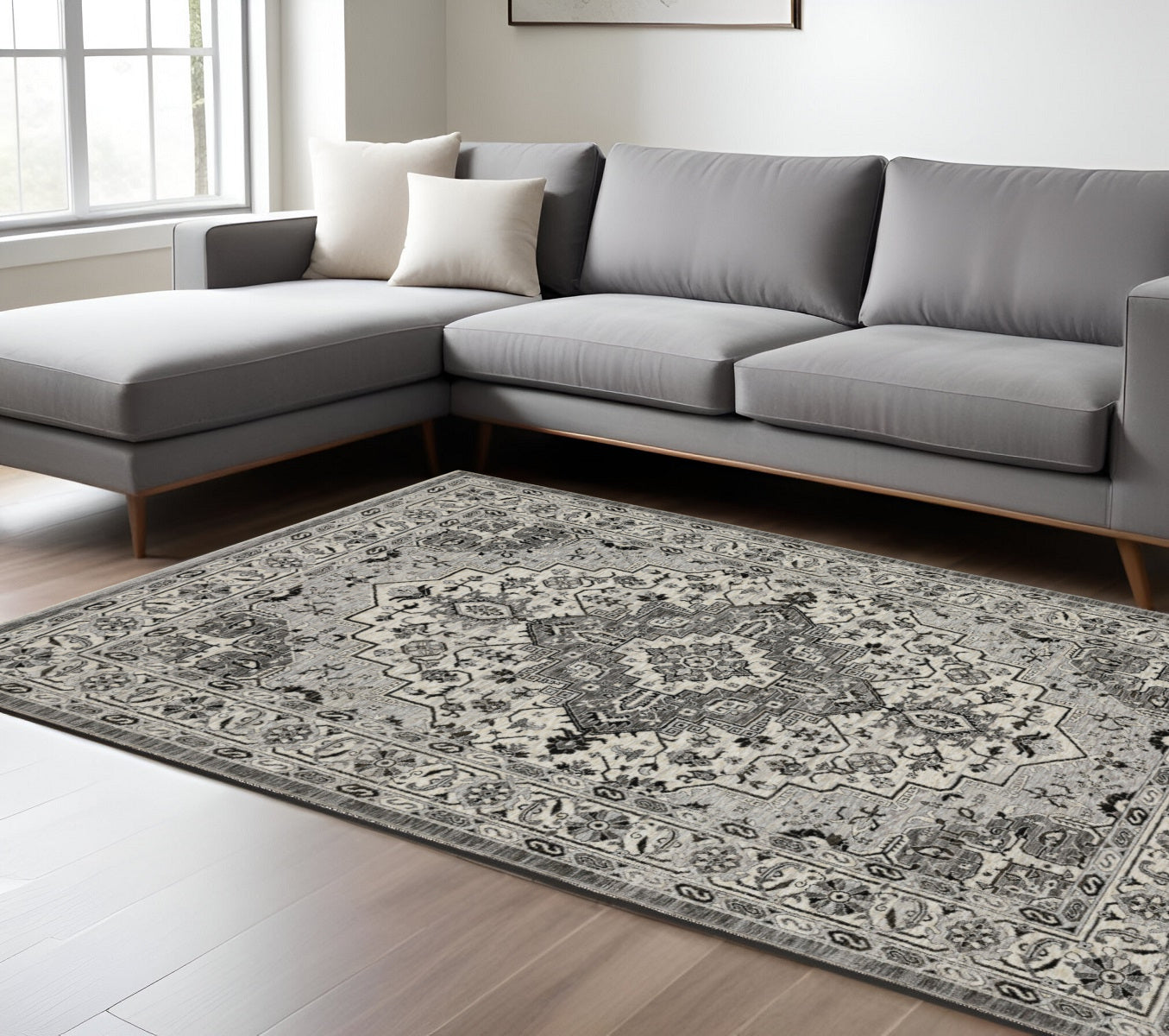 10' X 13' Gray And Ivory Medallion Area Rug With Fringe