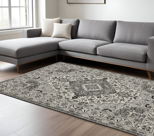 10' X 13' Gray And Ivory Medallion Area Rug With Fringe