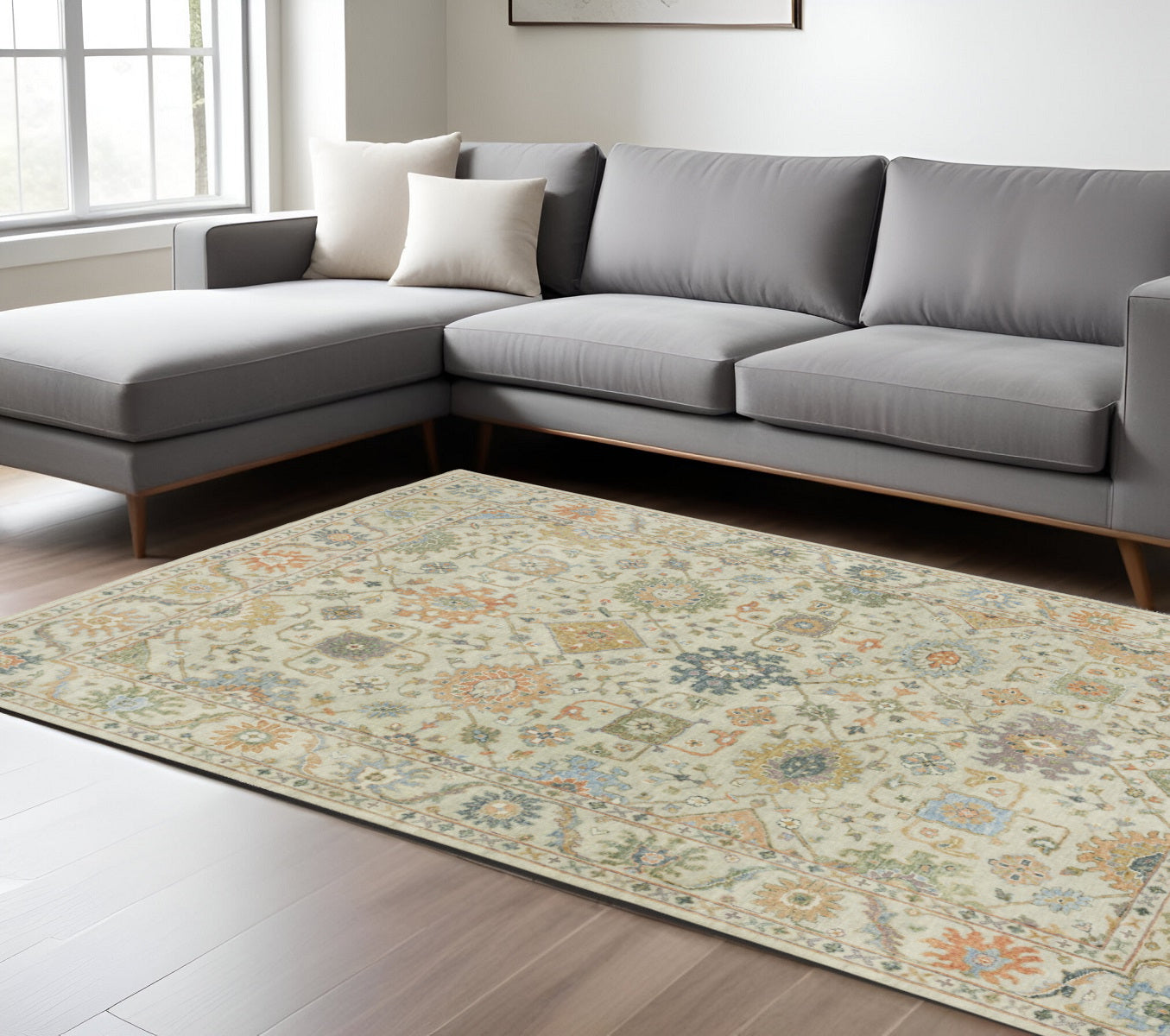 9' X 12' Beige And Green Wool Oriental Hand Knotted Area Rug With Fringe