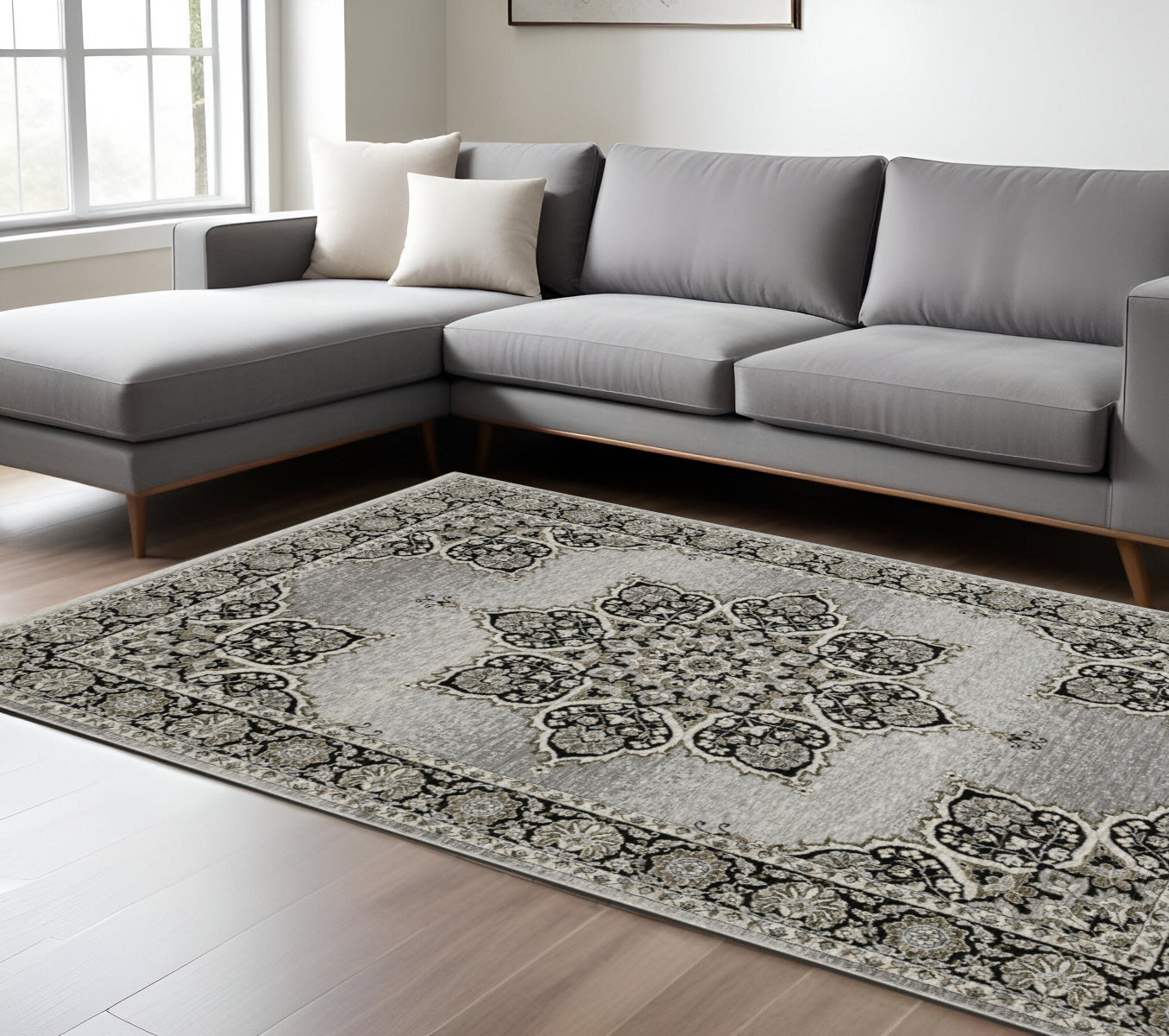 10' X 13' Gray And Black Medallion Area Rug With Fringe