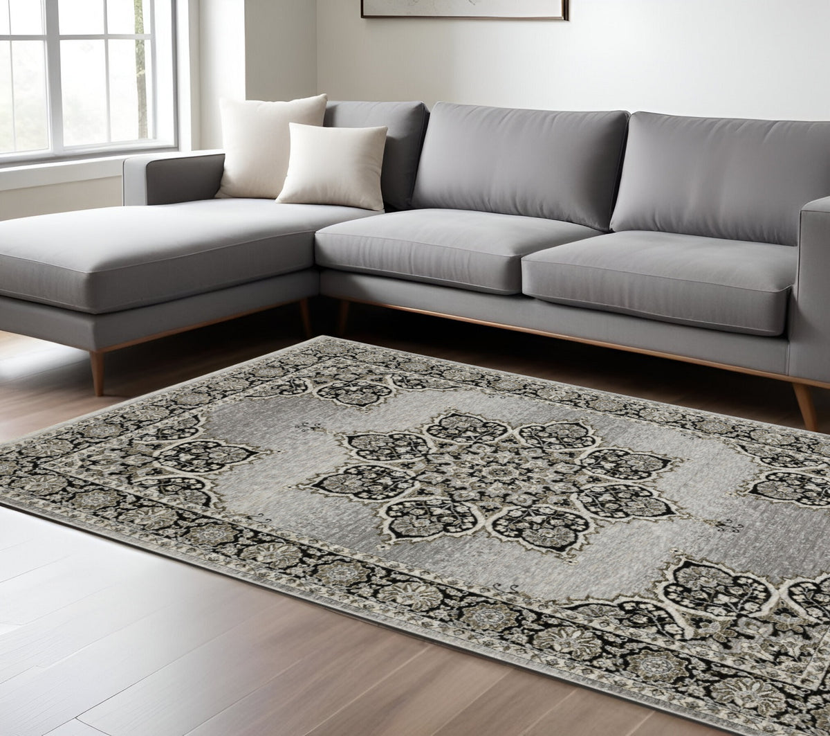 10' X 13' Gray And Black Medallion Area Rug With Fringe