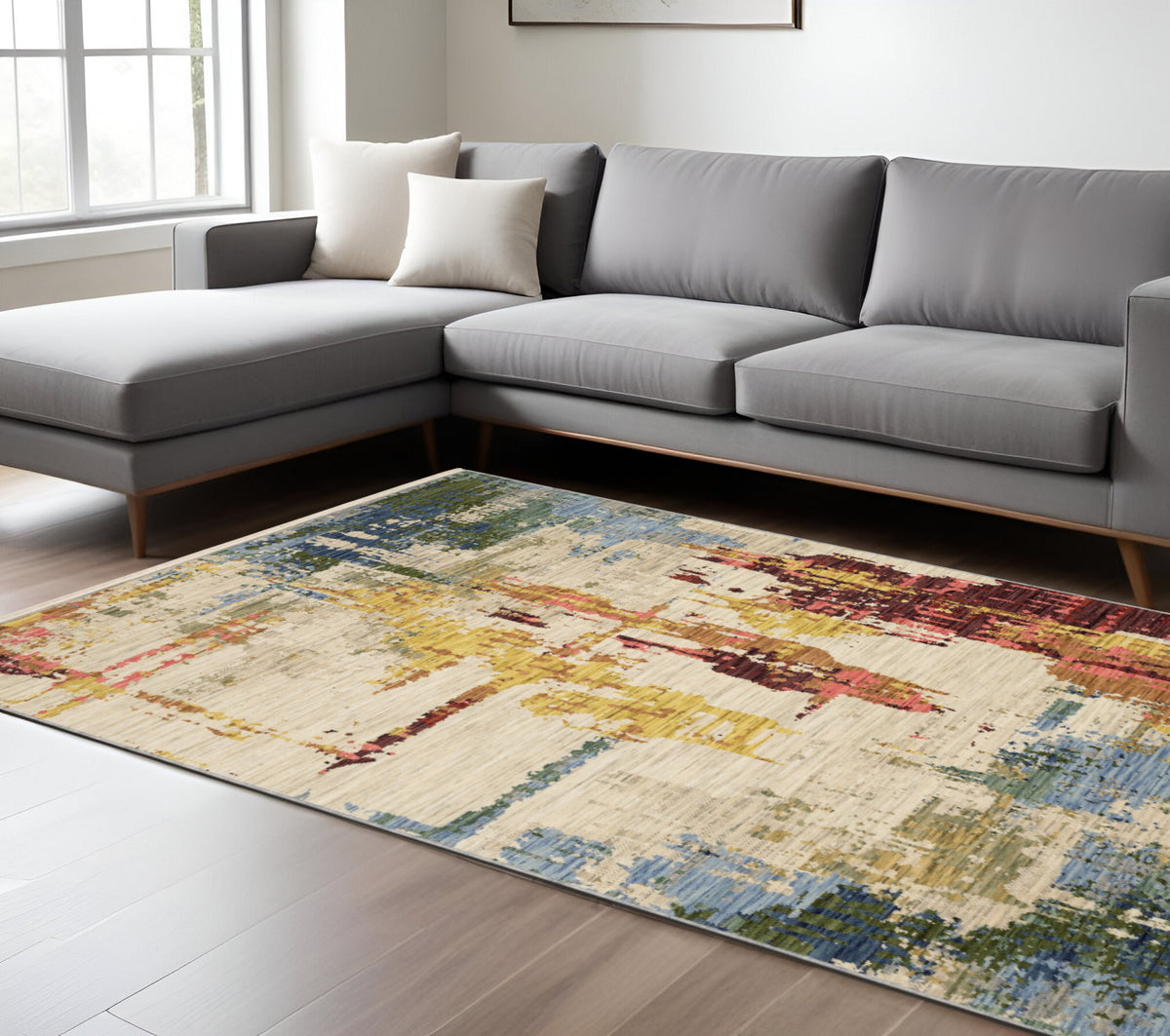 10' X 13' Beige Yellow And Rust Abstract Area Rug With Fringe