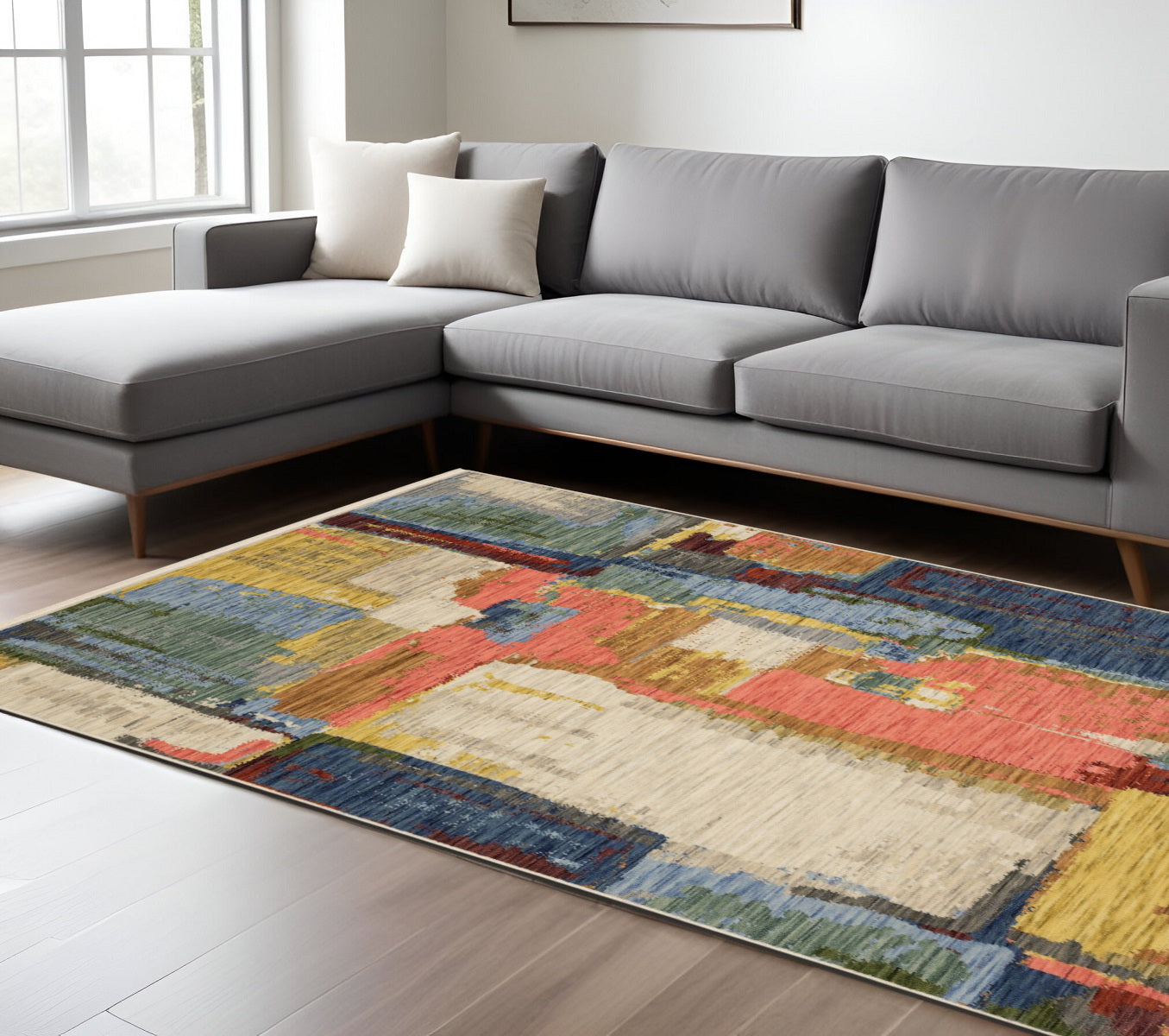 10' X 13' Pink Red And Yellow Abstract Area Rug With Fringe