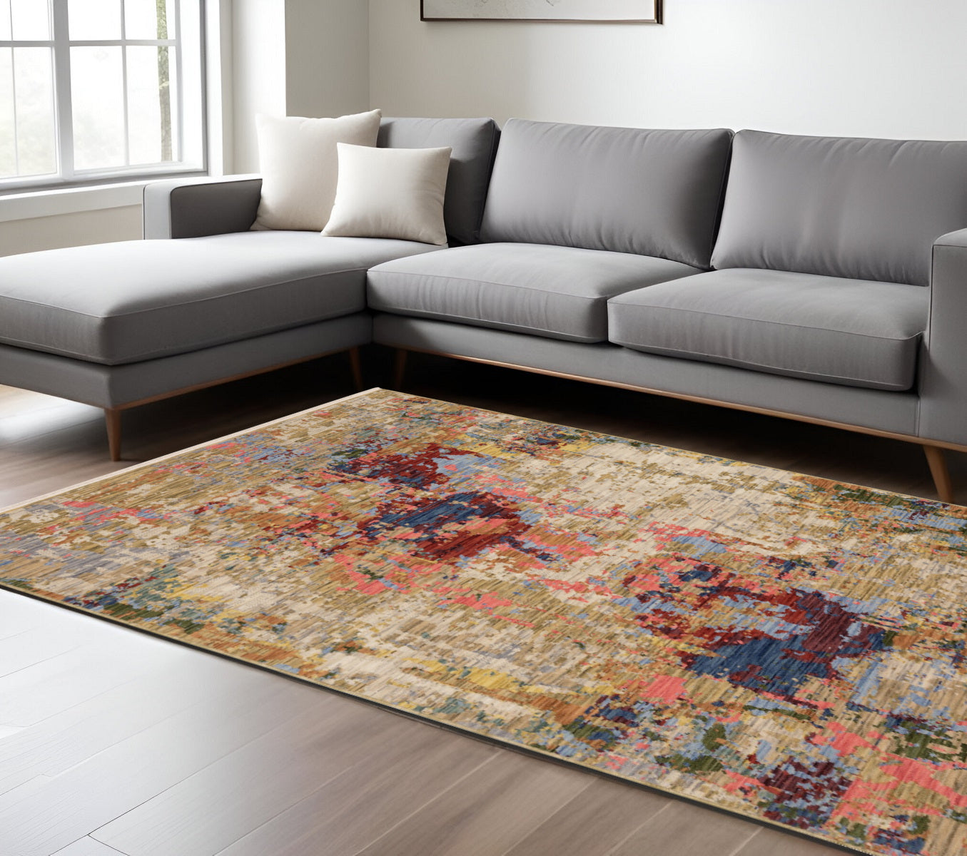 10' X 13' Beige Salmon And Tan Abstract Area Rug With Fringe