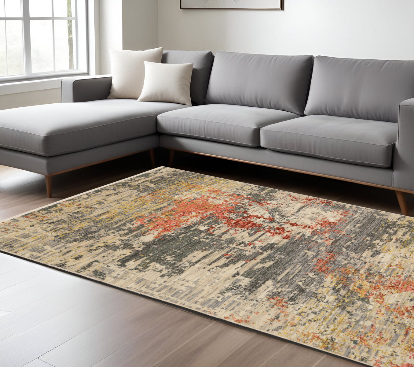10' X 13' Beige And Pink Abstract Area Rug With Fringe