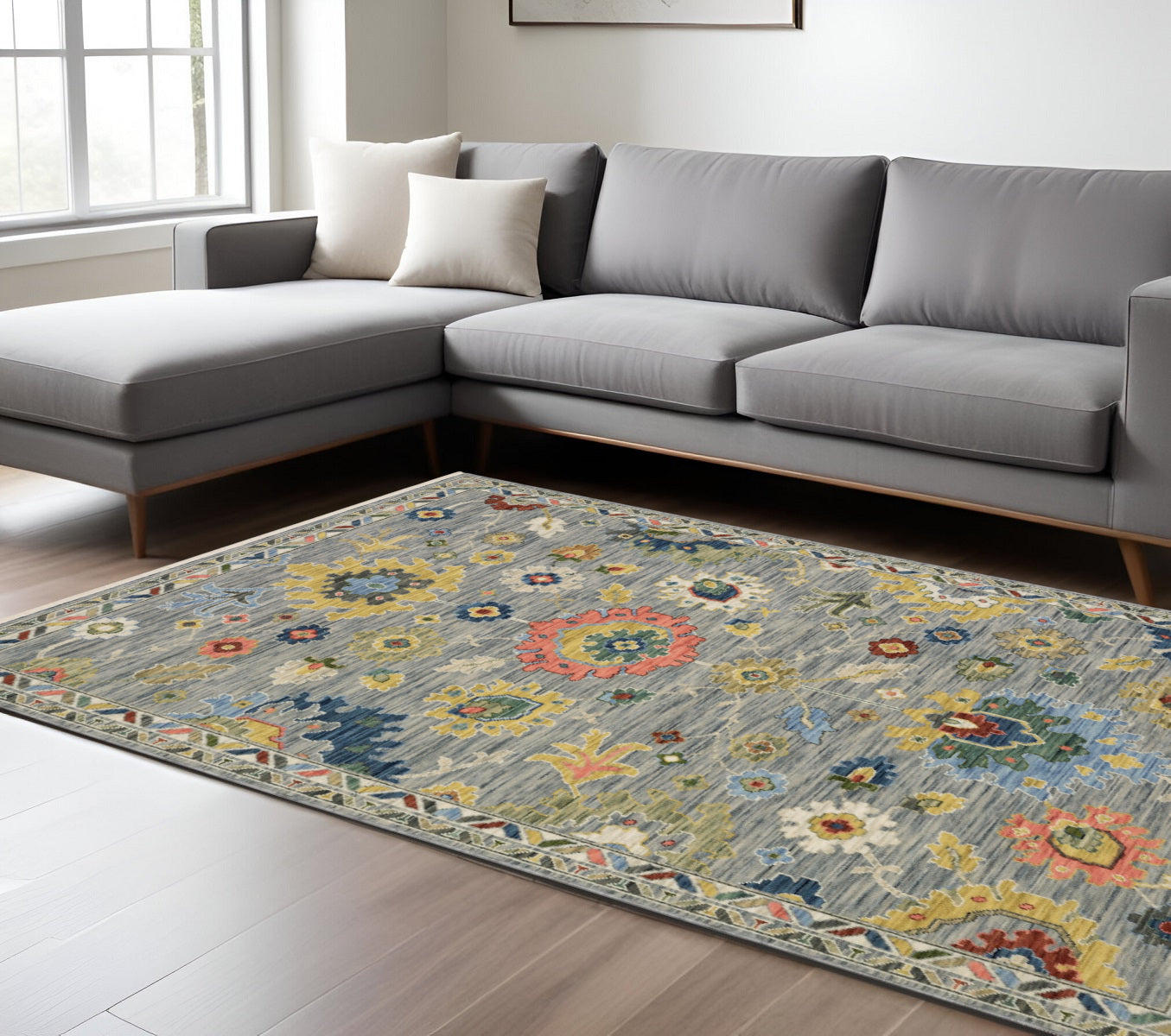 10' X 13' Gray Salmon And Yellow Oriental Area Rug With Fringe
