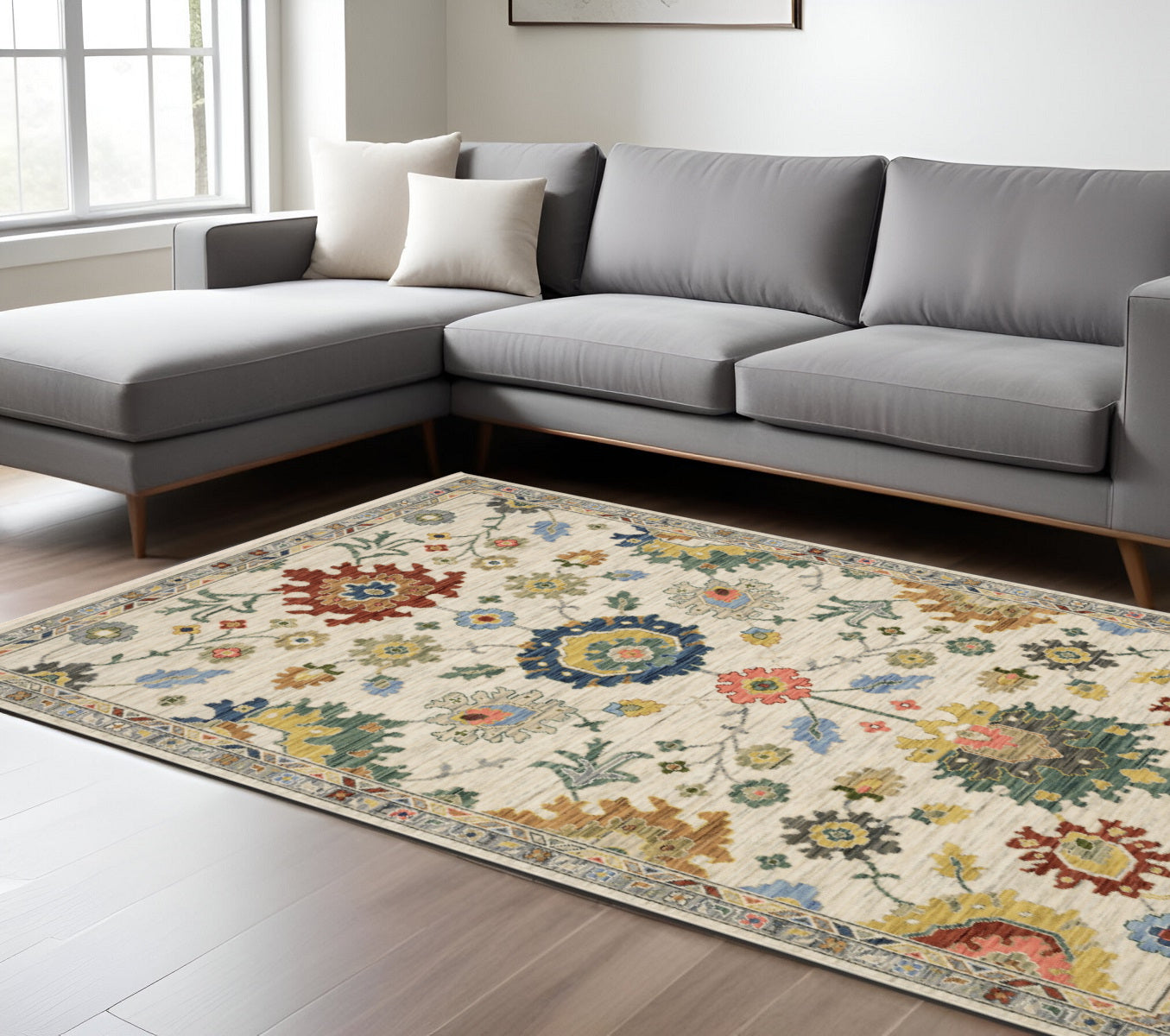 10' X 13' Ivory Red And Blue Oriental Area Rug With Fringe