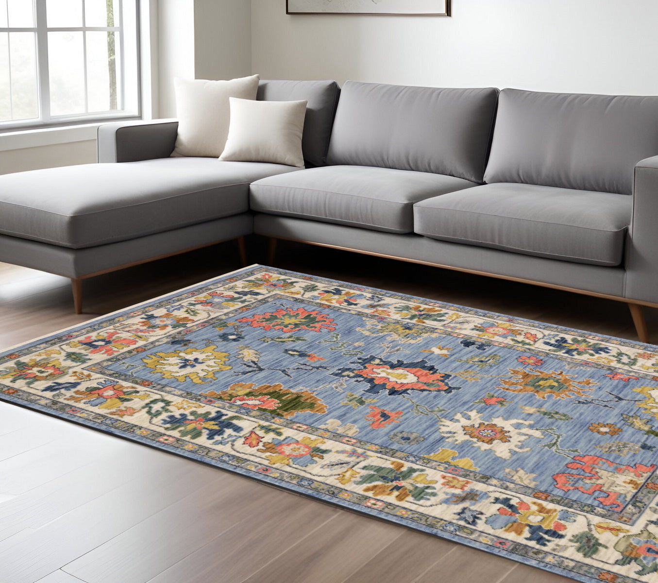 10' X 13' Blue Ivory And Yellow Oriental Area Rug With Fringe