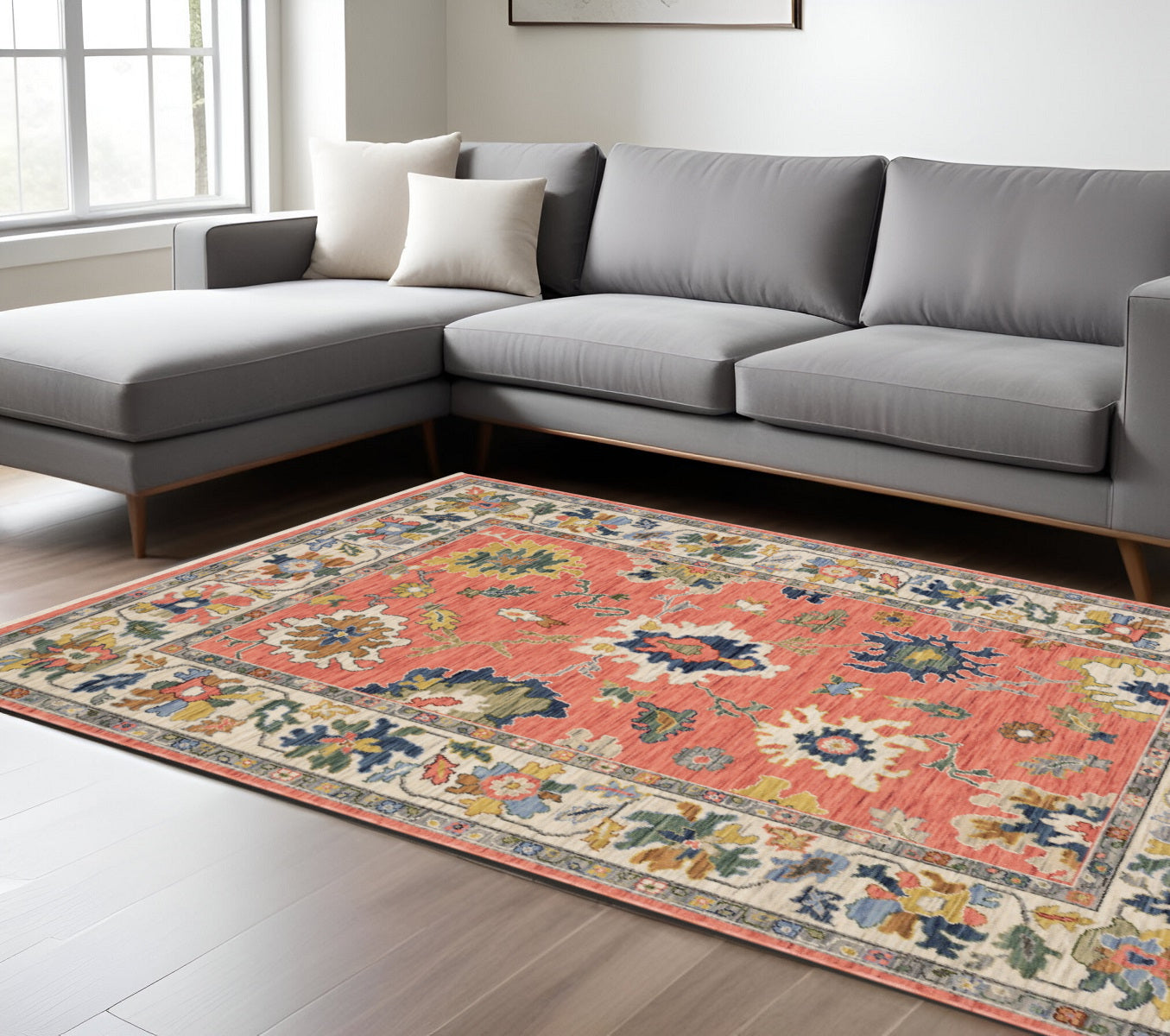 8' X 11' Salmon Blue And Yellow Oriental Area Rug With Fringe