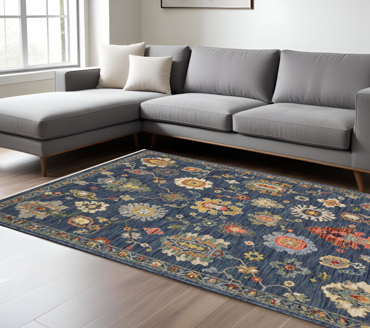 8' X 11' Blue Yellow And Red Oriental Area Rug With Fringe
