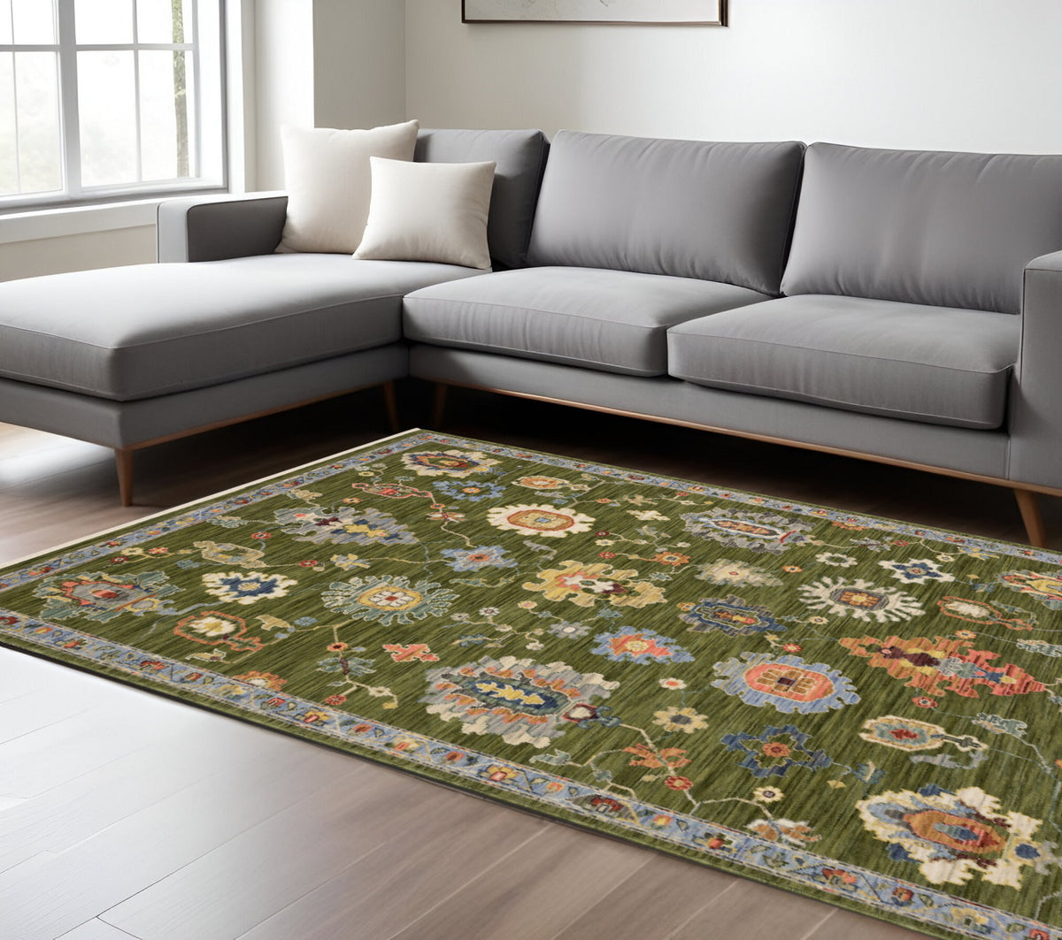 10' X 13' Green Blue And Yellow Oriental Area Rug With Fringe