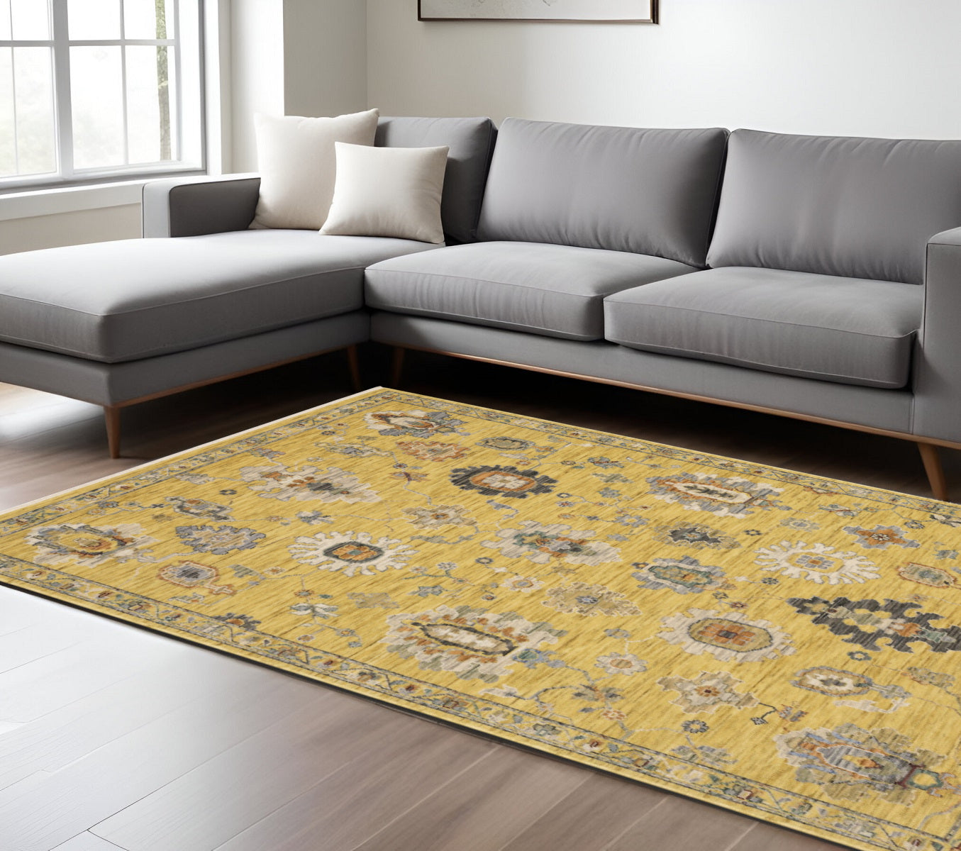 10' X 13' Yellow Gray And Black Oriental Area Rug With Fringe