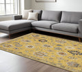 10' X 13' Yellow Gray And Black Oriental Area Rug With Fringe