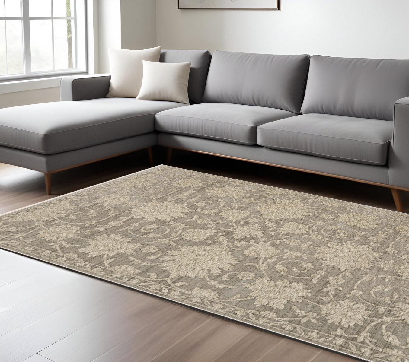 10' X 13' Gray And Beige Floral Area Rug With Fringe