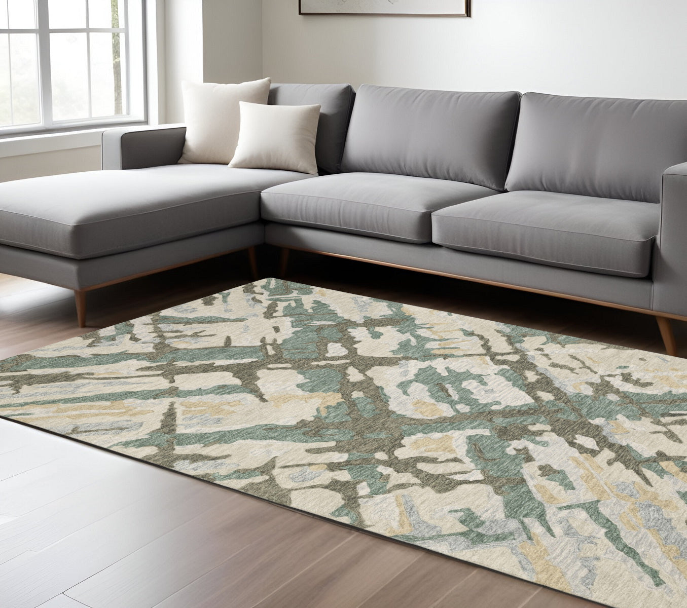 8' X 10' Gray And Teal Wool Abstract Hand Tufted Area Rug