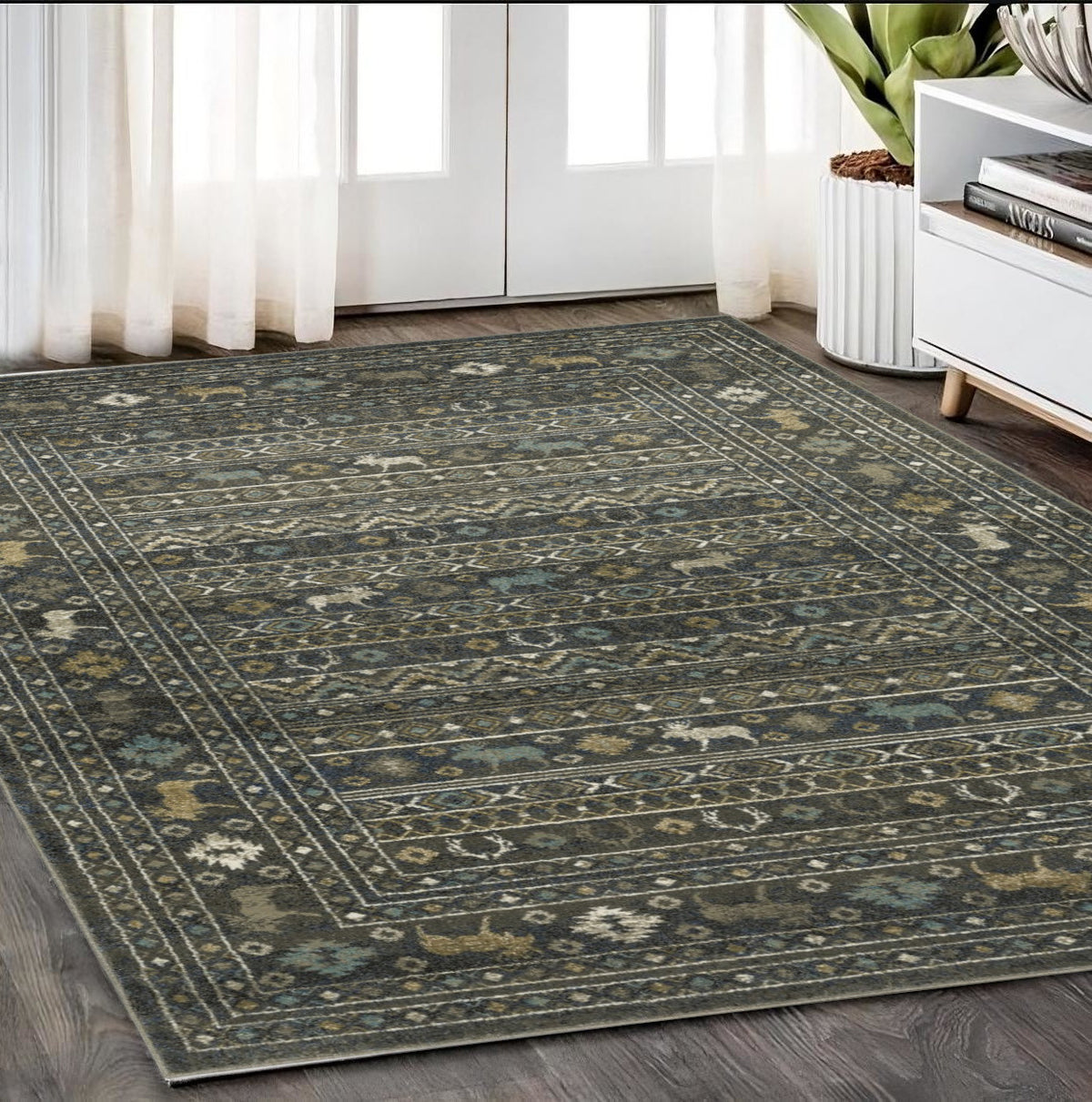 5' X 7' Blue And Gold Southwestern Area Rug