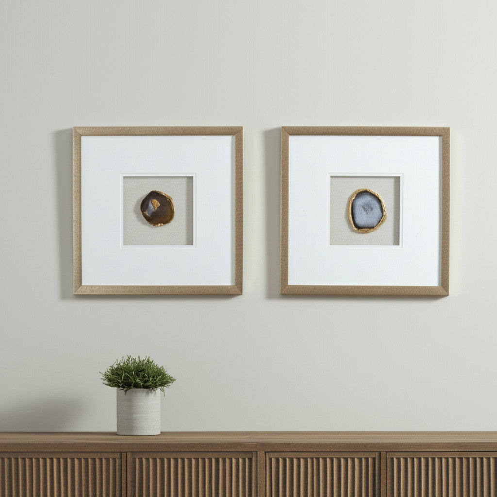 Set of Two Purple Agate Square Gold Shadowbox Framed Art