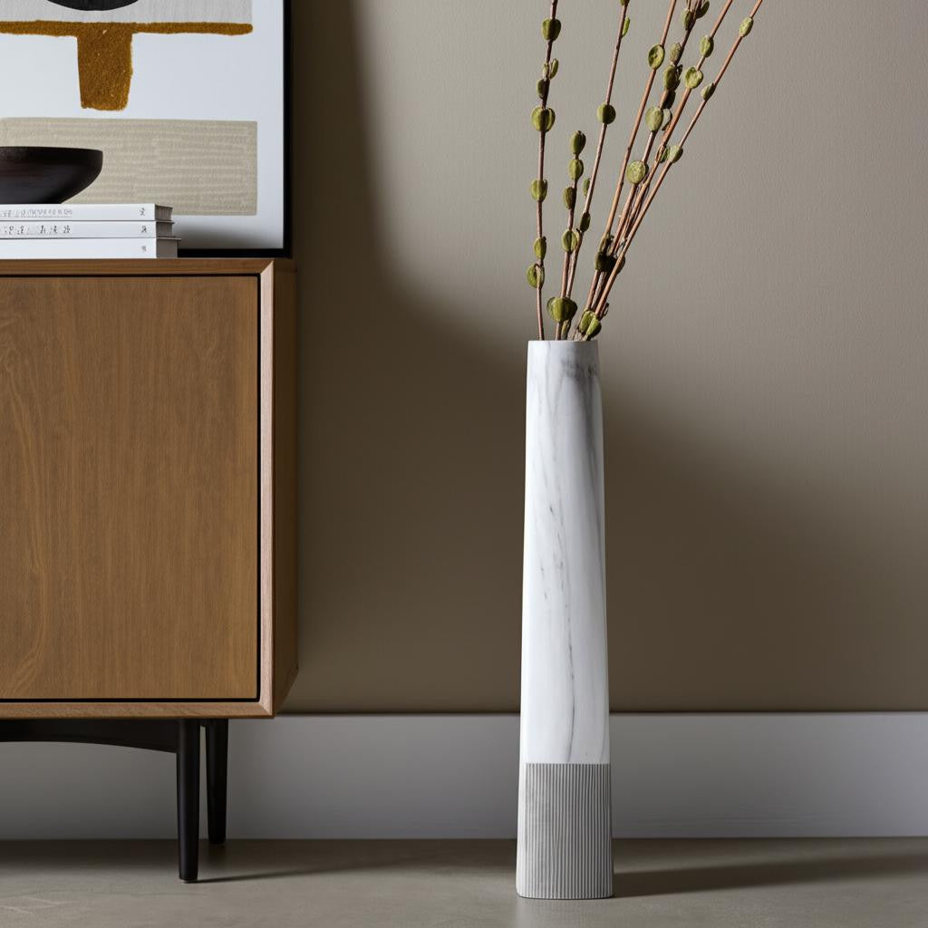 40 White Faux Marble Tapered Ceramic Floor Vase