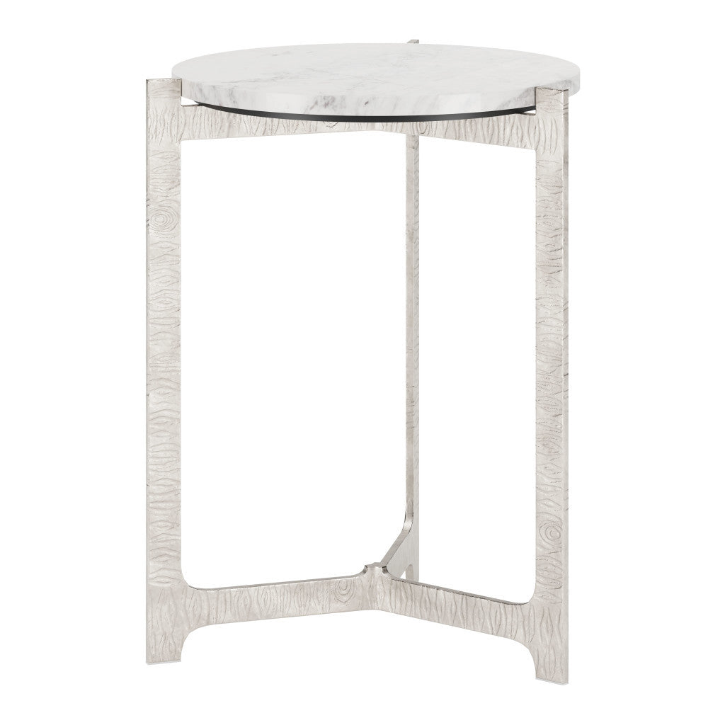 25'' White And Silver Marble And Aluminum Round Cross Legs End Table