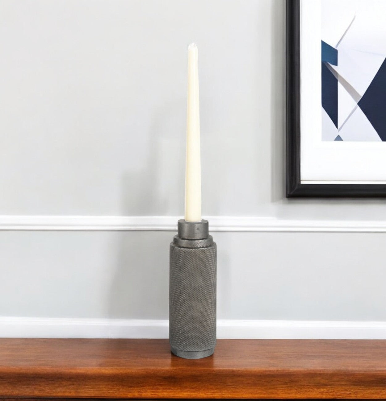 7'' Gray Distressed Aluminum Geometric Tabletop Taper Candle Holder
