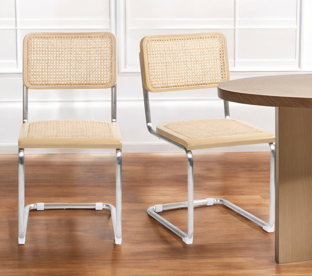 Set of Two Natural and Silver Steel Open Back Dining Side Chairs