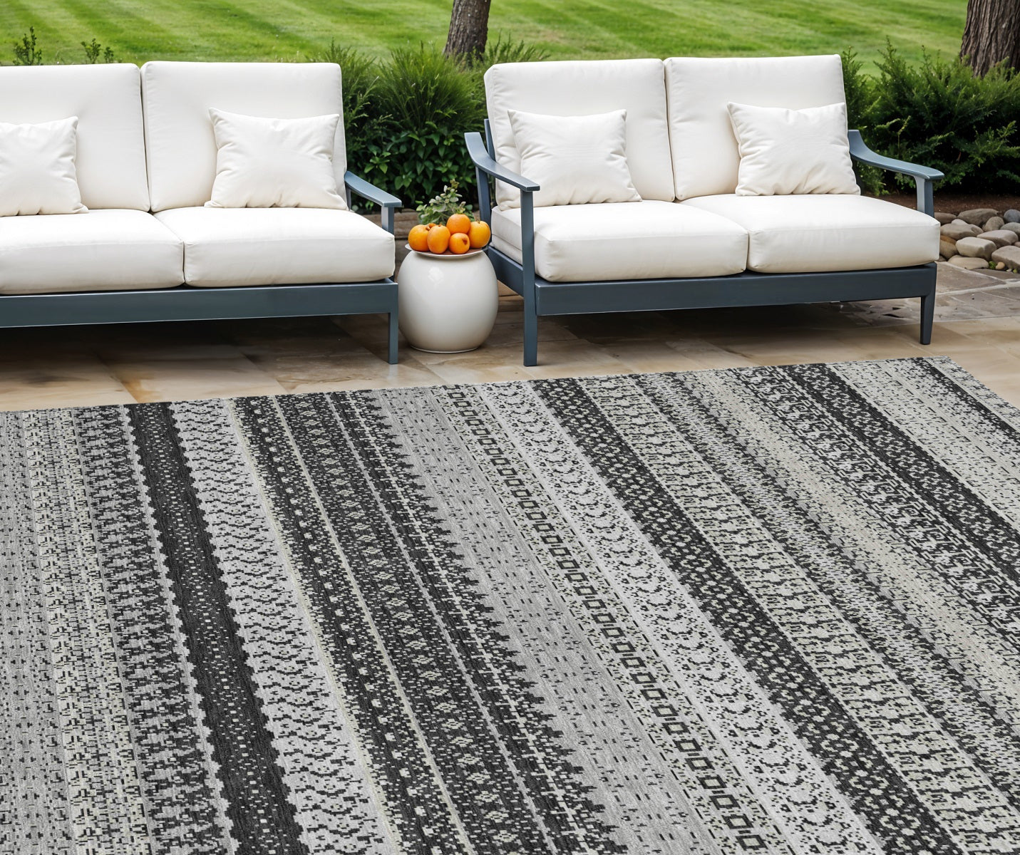 8' X 10' Black Striped Washable Indoor Outdoor Area Rug