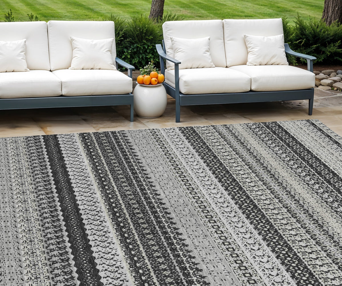 10' X 14' Black Striped Washable Indoor Outdoor Area Rug
