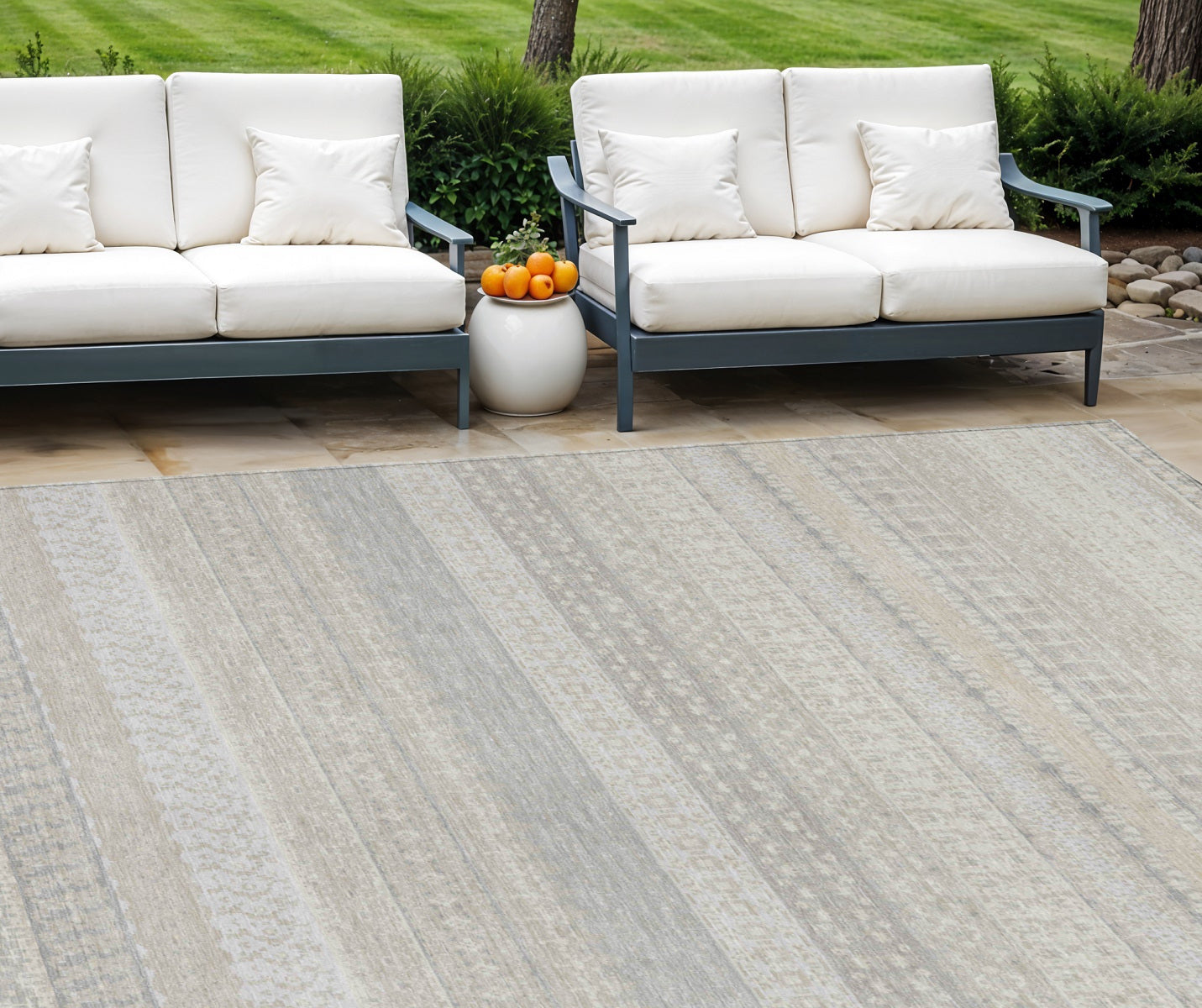 9' X 12' Ivory Striped Washable Indoor Outdoor Area Rug