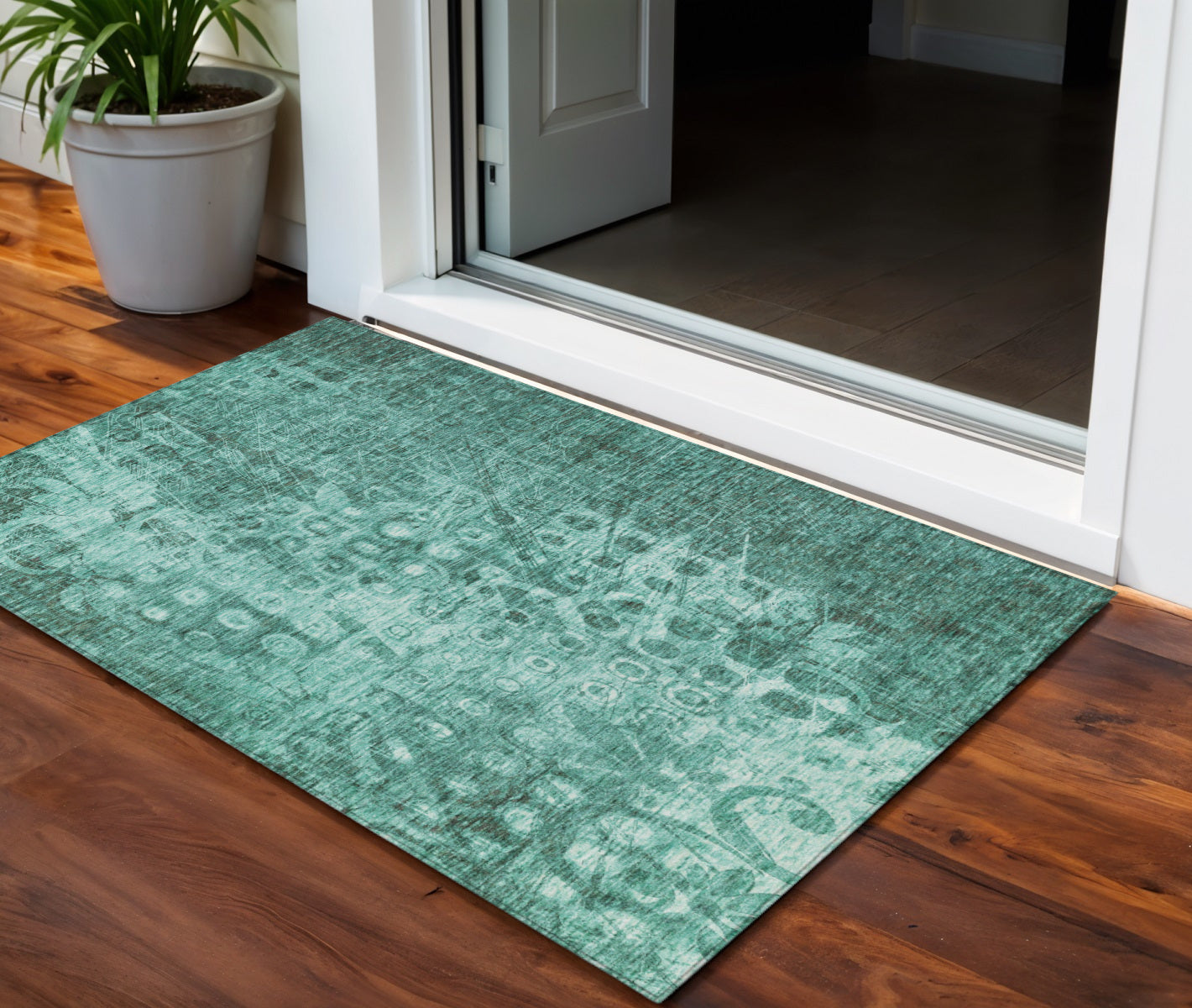 3' X 5' Teal Blue Ikat Washable Indoor Outdoor Area Rug