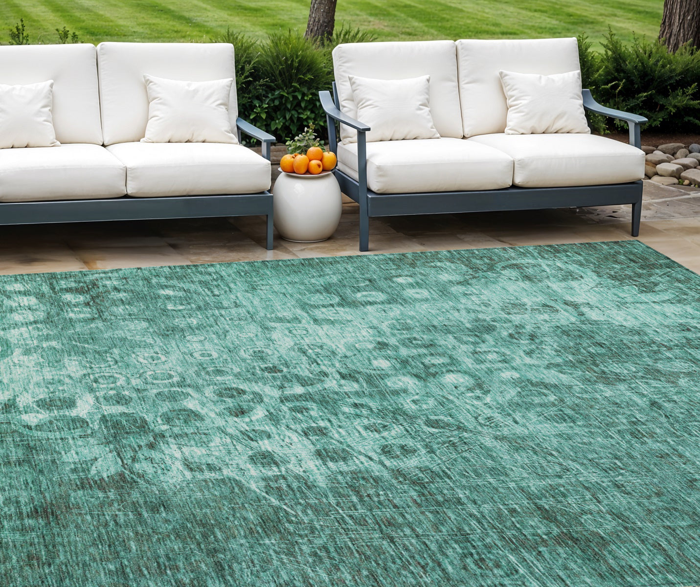 9' X 12' Teal Blue Ikat Washable Indoor Outdoor Area Rug