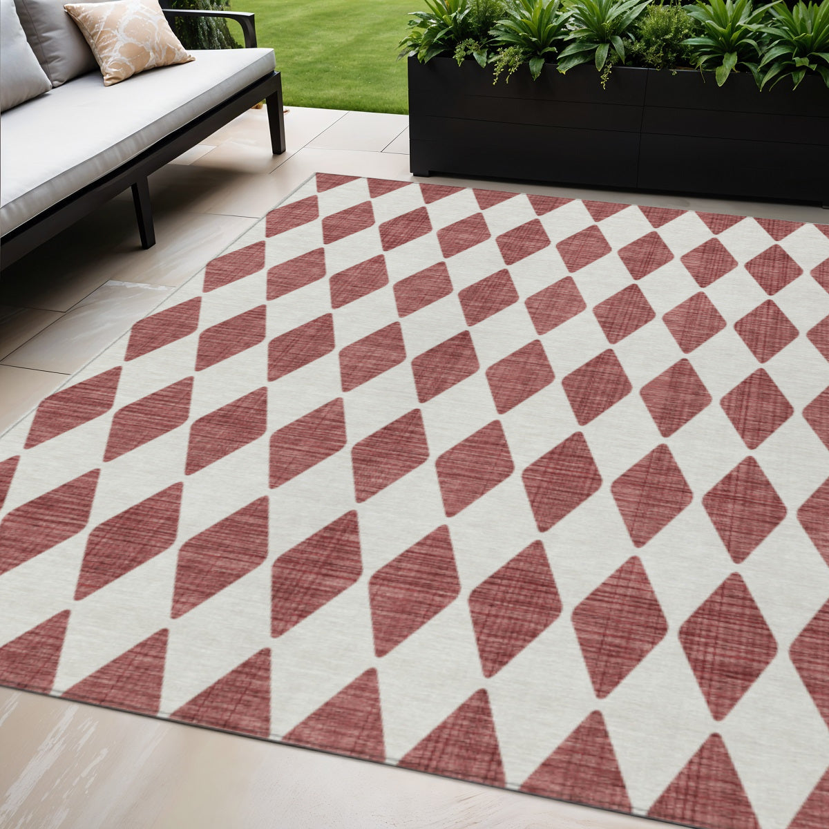 5' X 8' Burgundy Geometric Washable Indoor Outdoor Area Rug