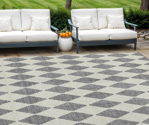 10' X 14' Gray And Ivory Geometric Washable Indoor Outdoor Area Rug