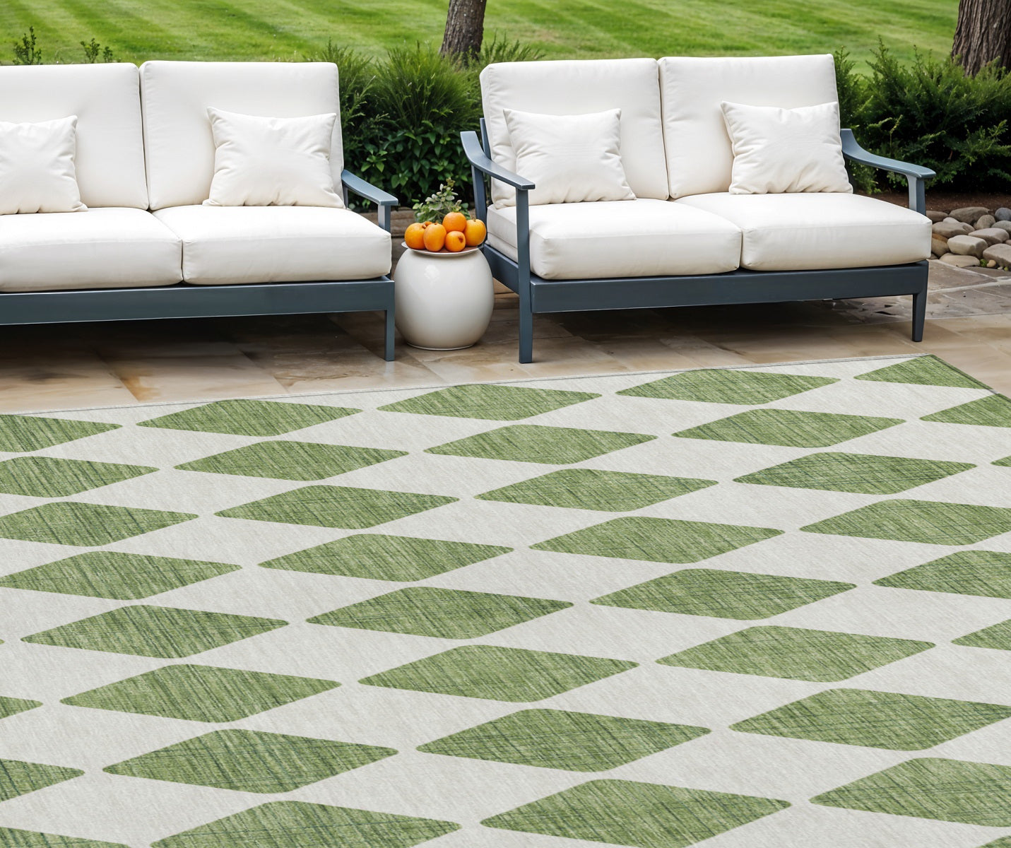 9' X 12' Green And Ivory Geometric Washable Indoor Outdoor Area Rug