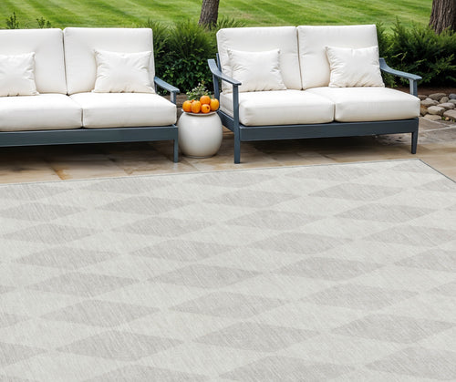 10' X 14' Ivory And Beige Geometric Washable Indoor Outdoor Area Rug