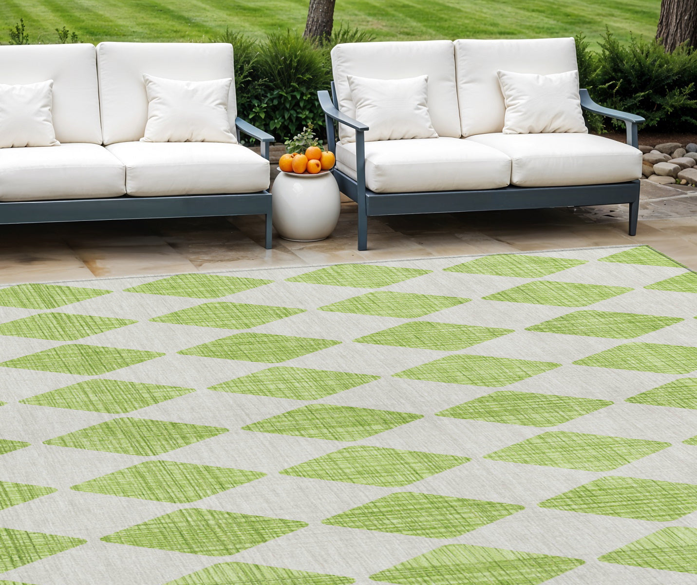9' X 12' Lime Green And Ivory Geometric Washable Indoor Outdoor Area Rug