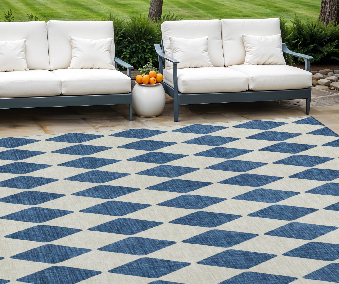 9' X 12' Navy Blue And Ivory Geometric Washable Indoor Outdoor Area Rug